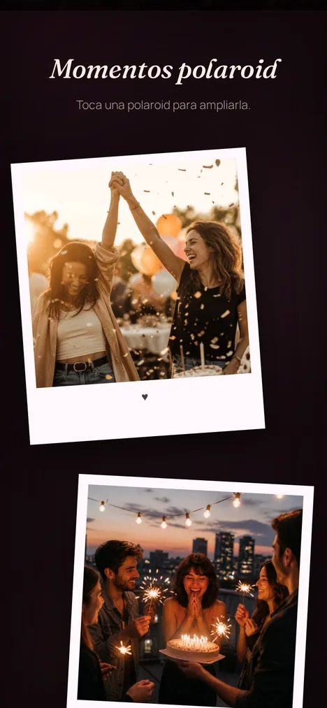 Polaroids — Recuerdos de quien cumple años en marco nostálgico.